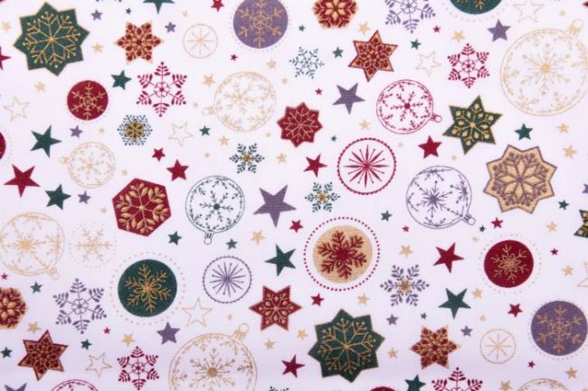 Vánoční látka z bavlny ve smetanové barvě s vánočním potiskem hvězd a ozdob 12716/051