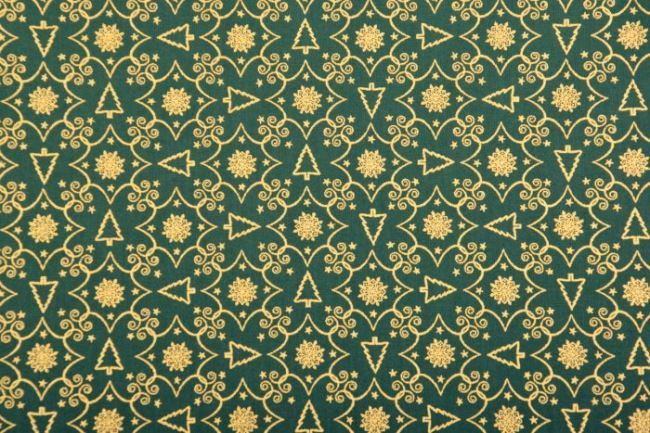 Vánoční látka z bavlny v zelené barvě se zlatým vzorem 128.560/5031
