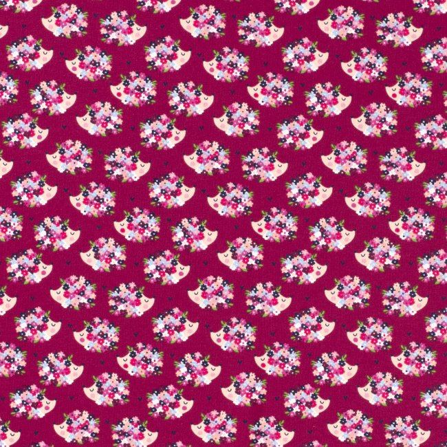Bavlněný úplet v tmavě růžové barvě s potiskem květovaných ježečků 12605/019