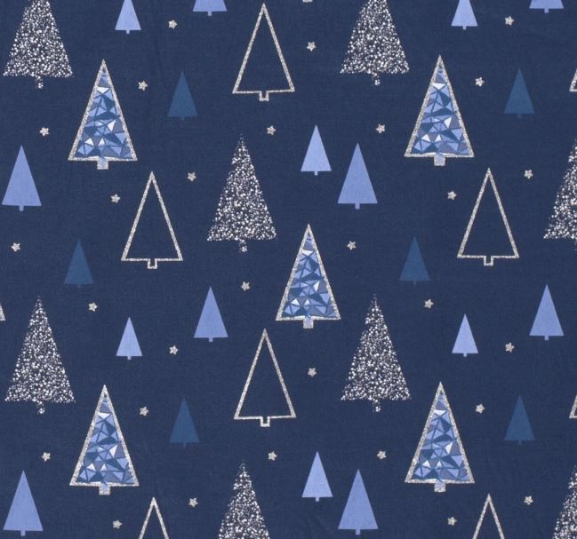 Vánoční látka z bavlny v modré barvě s potiskem stromů 18718/008