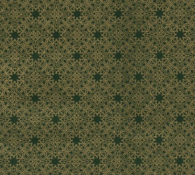 Vánoční látka z bavlny v zelené barvě se zlatým potiskem 14700/025
