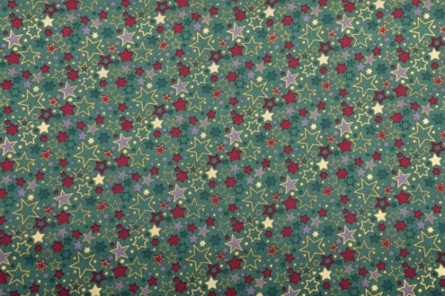 Vánoční látka z bavlny v zelené barvě s vánočním potiskem hvězd a ozdob 12716/025