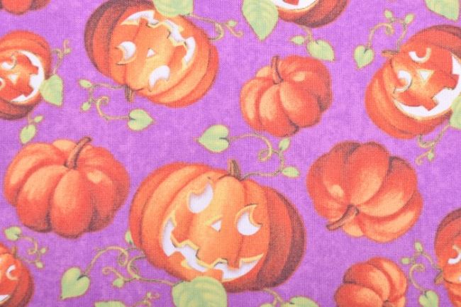 Americká bavlna na patchwork ve fialové barvě s halloweenským potiskem dýní 199PYOPM/19
