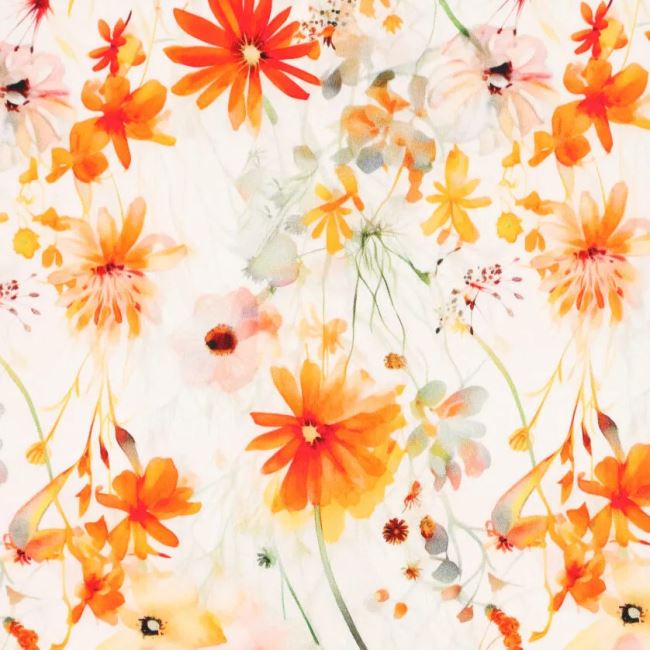 Strečová bavlna ve smetanové barvě s digitálním potiskem květin 20991/020