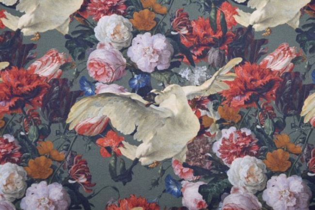 Bavlněný úplet s digitálním potiskem rozkvetlých květin a labutě 14900-10