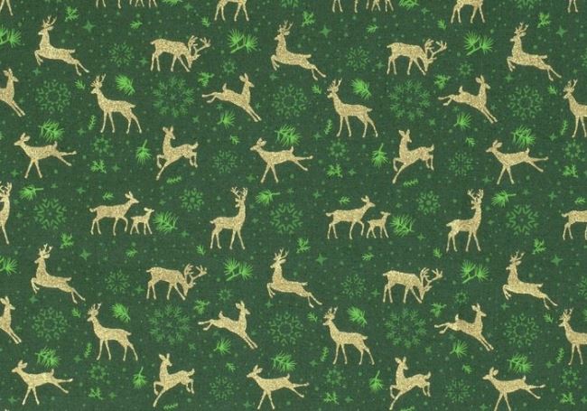 Vánoční látka z bavlny v tmavě zelené barvě s potiskem jelenů 16722/028