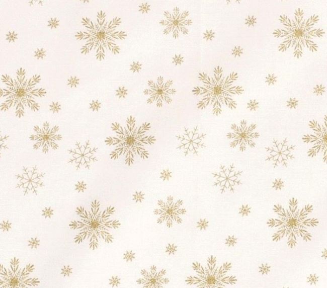 Vánoční látka z bavlny ve smetanové barvě s potiskem zlatých sněhových vloček 16720/051