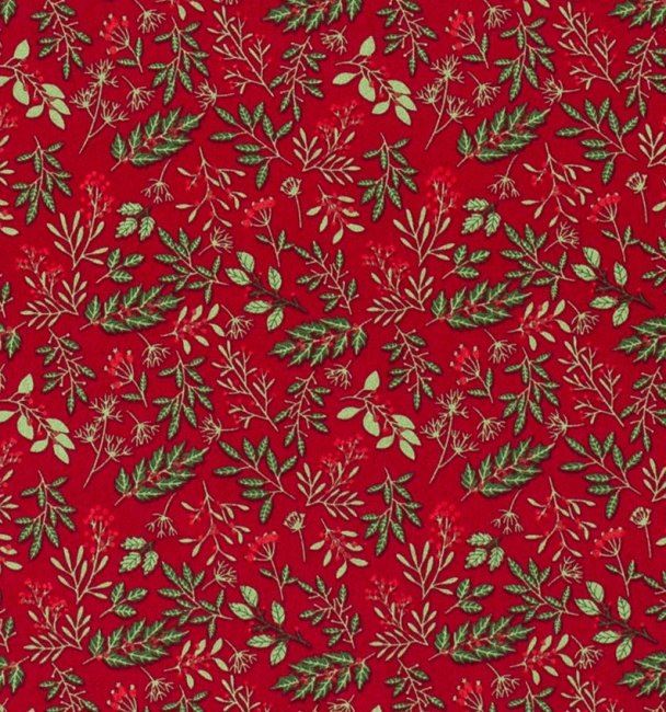 Vánoční látka z bavlny v červené barvě s potiskem větviček 16723/015