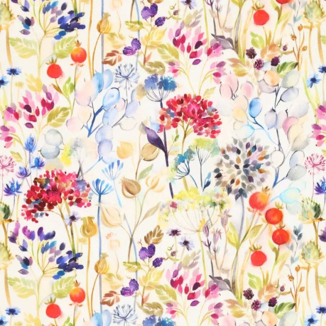 Strečová bavlna ve smetanové barvě s digitálním potiskem lučních květin 20992/020