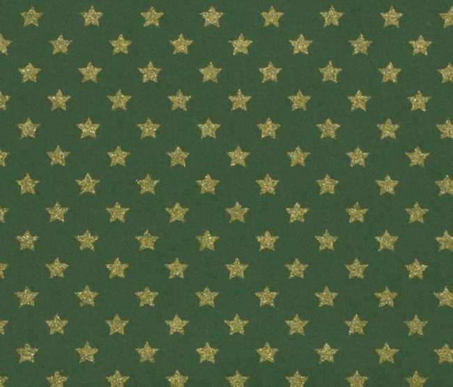 Vánoční látka z bavlny v zelené barvě s potiskem zlatých hvězdiček 20704/025