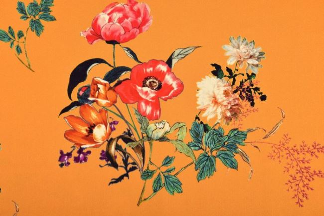 Strečová bavlna v oranžové barvě s květy 15702/570