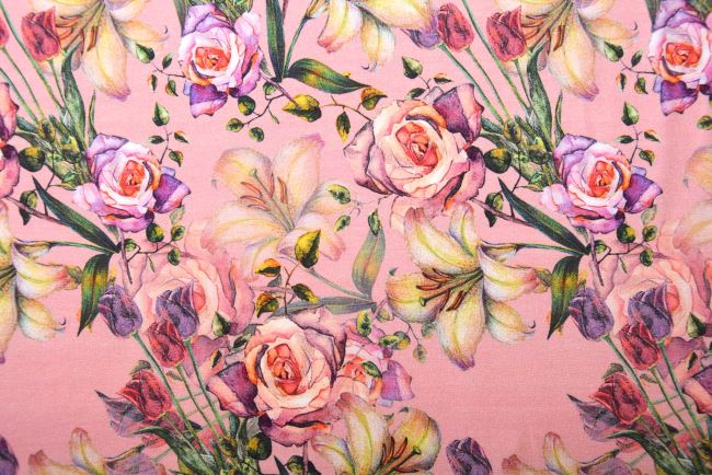 Bavlněný úplet v růžové barvě s digitálním potiskem květin S1485R-187706