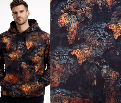 Teplákovina French Terry v černé barvě s digitálním potiskem světa AP-D-22663