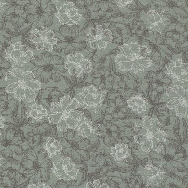 Mušelín v tmavě mentolové barvě s potiskem květů 19298/022