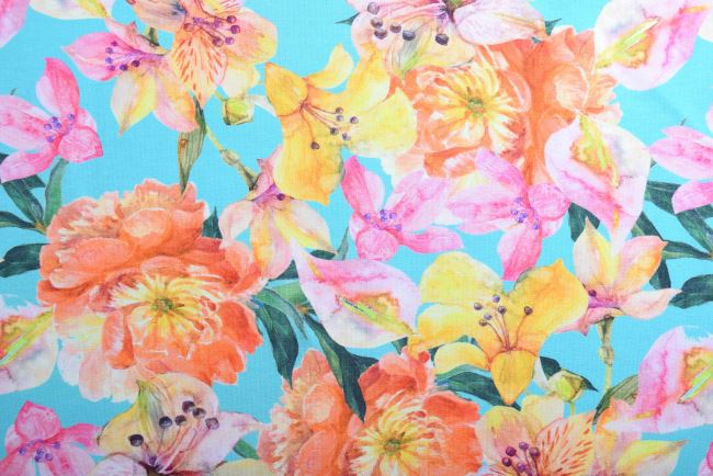 Bavlněný úplet v mentolové barvě s digitálním potiskem barevných květin KC7320-004D