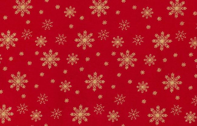 Vánoční látka z bavlny v červené barvě s potiskem zlatých sněhových vloček 16720/015