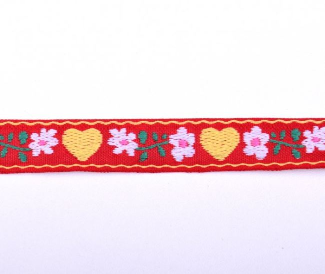 Ozdobná tkaná stuha v červené barvě s květy a srdíčky 30126