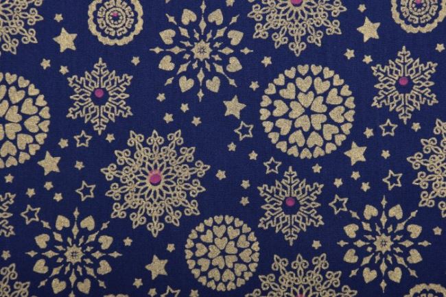 Vánoční látka z bavlny v modré barvě s potiskem zlatých sněhových vloček 12707/008