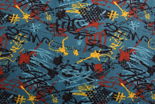 Bavlněný úplet v petrolejové barvě s abstraktním potiskem 19643/024