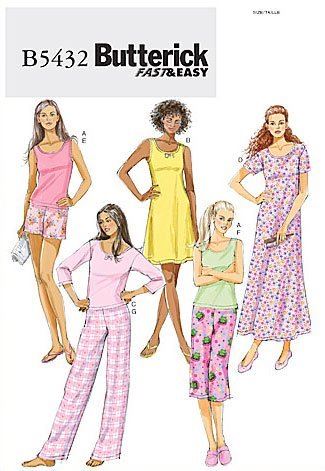 Střih Butterick na dámská pyžama ve velikosti Xsm-Sml-Med B5432-Y