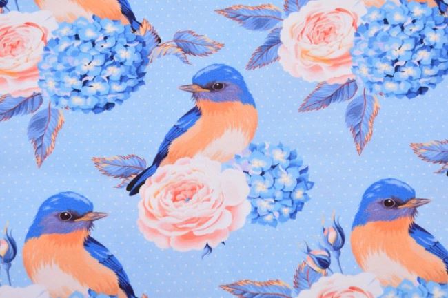 Bavlněný úplet v modré barvě s digitálním potiskem květin a ptáčků 62327