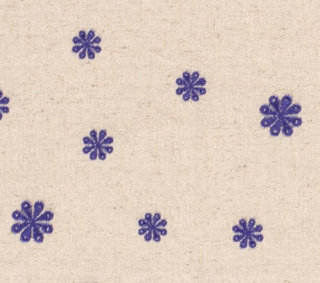 Lněná látka s příměsí viskózy v režné barvě s vyšitým vzorem květin 19162/005