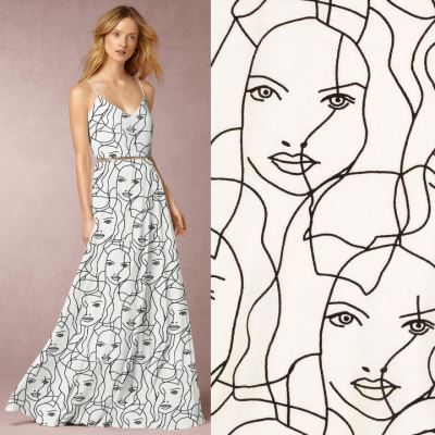 Viskózový popelín v bílé barvě s potiskem obličeje 210363.0002 Viskózový popelín v bílé barvě s potiskem obličeje 210363.0002