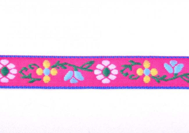 Ozdobná tkaná stuha v růžové barvě s květy 30116