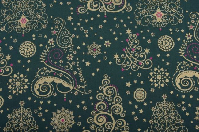 Vánoční látka z bavlny v tmavě zelené barvě s ornamenty 12706/025