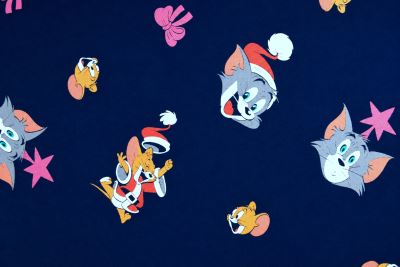 1 m počesaná teplákovina v tmavě modré barvě s potiskem Tom a Jerry DS-KUP98