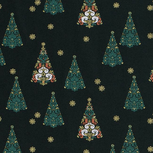 Vánoční látka z bavlny v zelené barvě s potiskem ozdobných stromků 20742/028