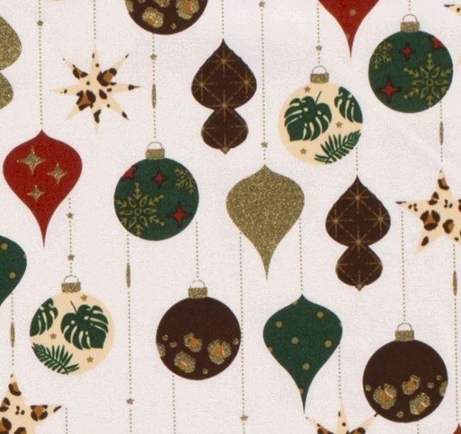 Vánoční látka z bavlny ve smetanové barvě s potiskem vánočních ozdob 18706/051