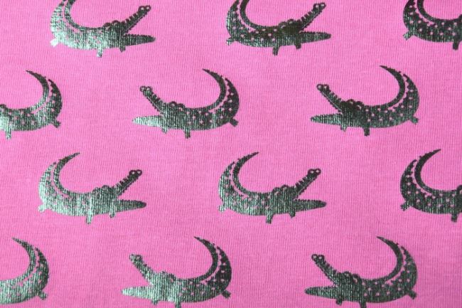 Bavlněný úplet růžové barvy s foliovým potiskem krokodýla 13047/014