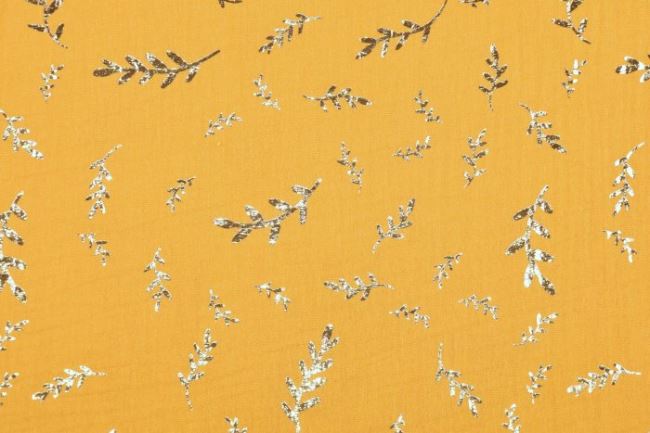 Mušelín v okrové barvě s potiskem zlatých větviček 181400