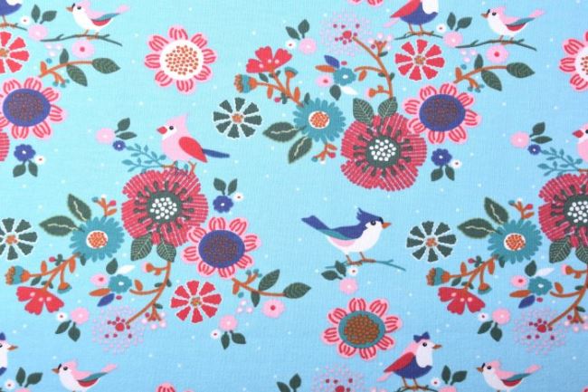 Teplákovina French Terry v modré barvě s potiskem květin a ptáčků 14473/022