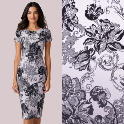 Kostýmová látka Barbie ve smetanové barvě s digitálním potiskem květin SMT-SC-H6972A