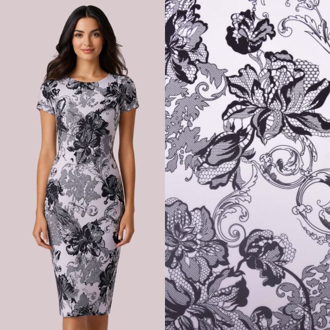 Kostýmová látka Barbie ve smetanové barvě s digitálním potiskem květin SMT-SC-H6972A