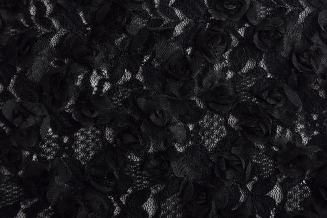 Krajka v černé barvě s plastickým vzorem květin 205069.5001