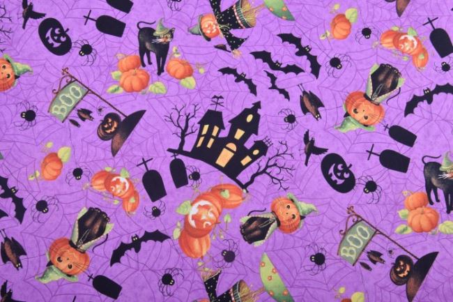 Americká bavlna na patchwork ve fialové barvě s halloweenským potiskem 199PYOPM/18