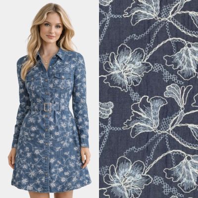 Košilová džínovina v modré barvě s vyšitým vzorem květin 22658/690