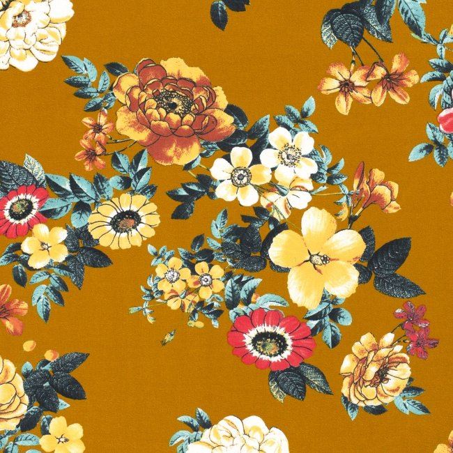 Bavlněný úplet v okrové barvě s digitálním potiskem květin 15328/034