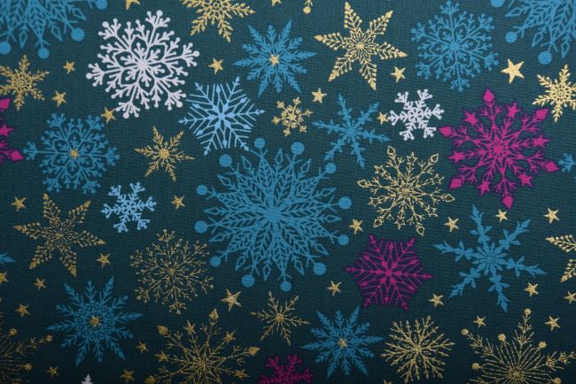 Vánoční látka z bavlny v petrolejové barvě s potiskem sněhových vloček 18714/024