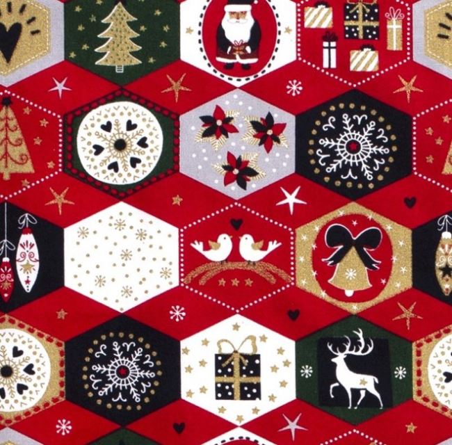 Vánoční látka z bavlny v červené barvě s tématickým potiskem 14710/015