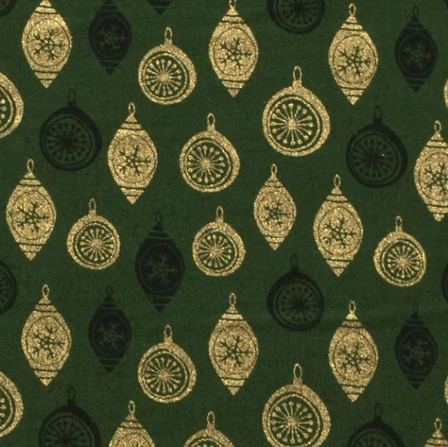 Vánoční látka z bavlny v zelené barvě s potiskem ozdob 18734/025