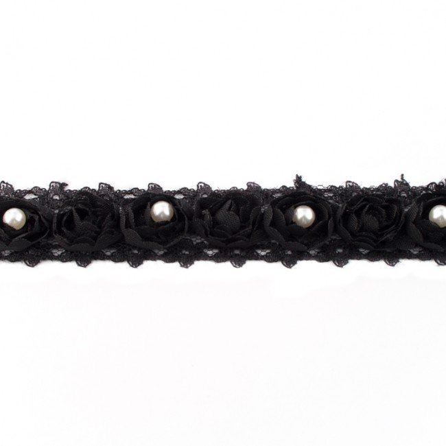 Krajka v černé barvě s růžičkami a perličkami 11175-B