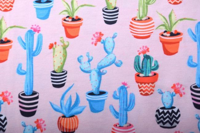 Bavlněný úplet v růžové barvě s potiskem kaktusů 62433