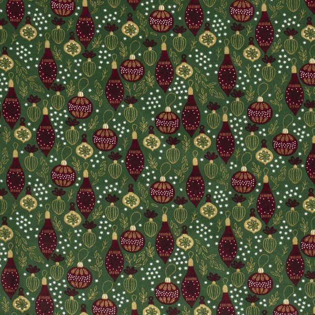 Vánoční látka z bavlny v zelené barvě s potiskem ozdob 14705/025