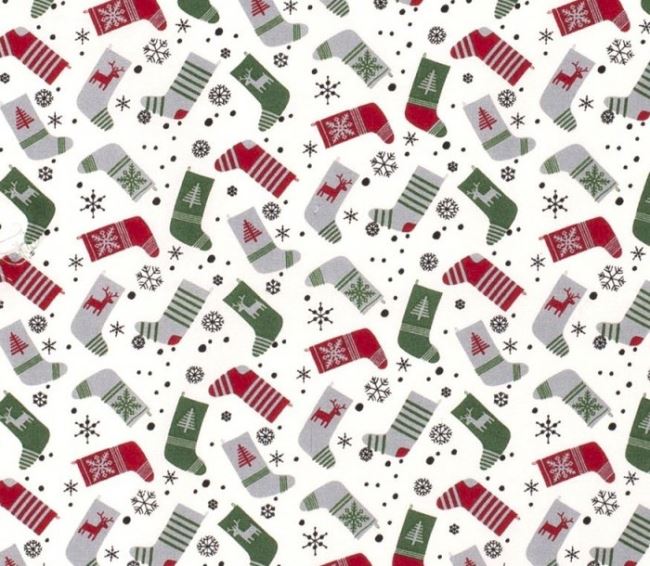 Vánoční látka z bavlny ve smetanové barvě s potiskem vánočních punčoch 16719/051