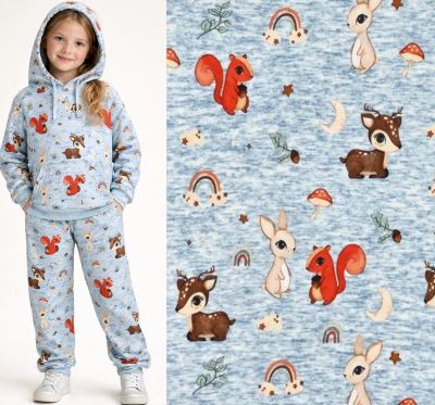 Alpenfleece v žíhané modré barvě s digitálním potiskem lesních zvířátek 22381/690