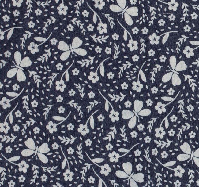 Džínovina v modré barvě s potiskem květin a motýlů 18008/008